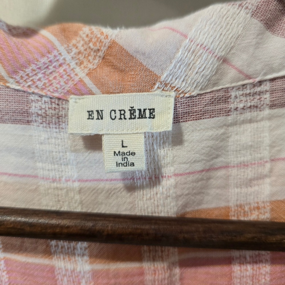 EN CRÈME Plaid Button Up Drawstring Waist Romper Pajama Style Pink Orange SIze L - Picture 3 of 6